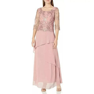 NWT! Le Bos embroidered tiered pink maxi gown
